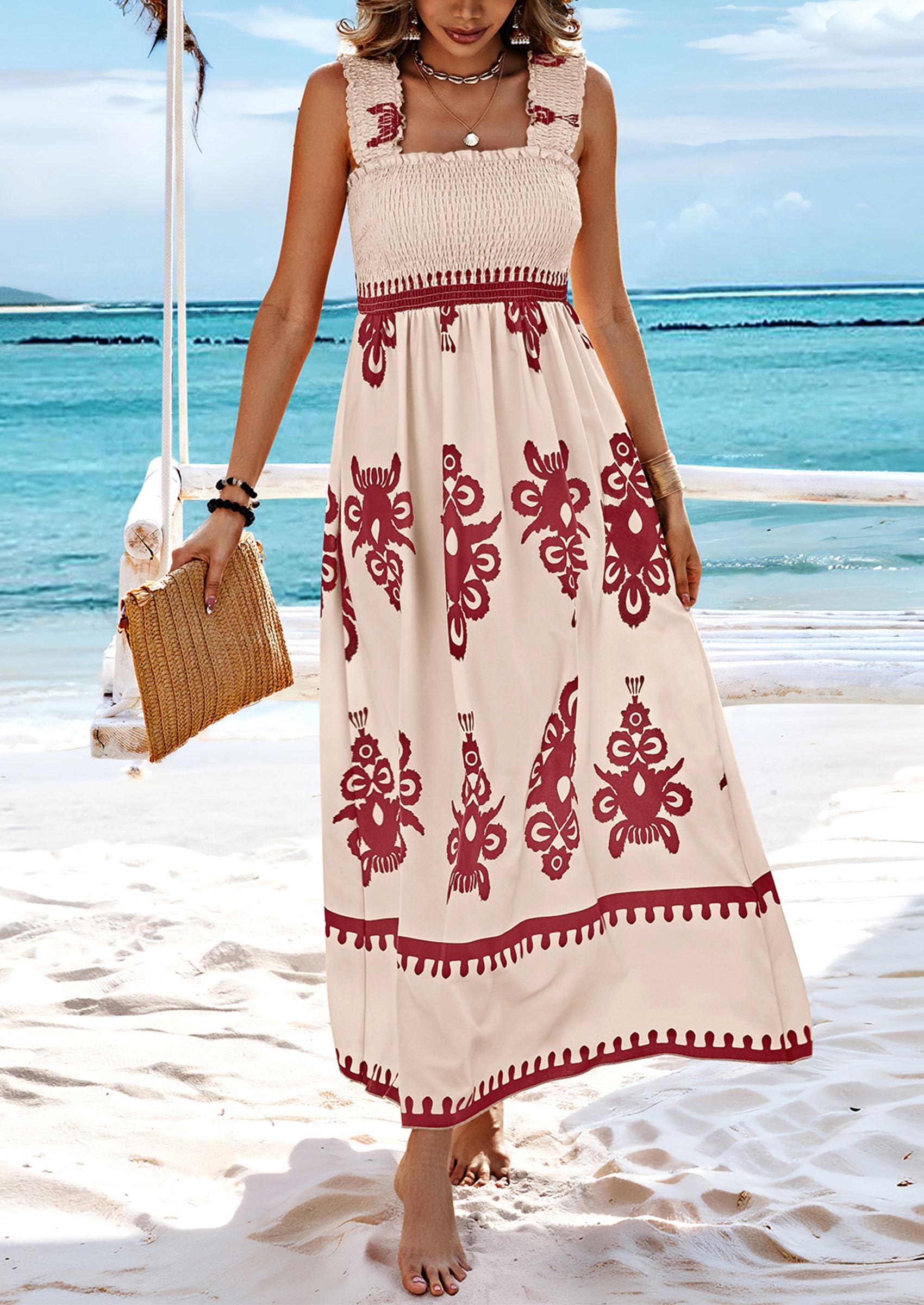 PRETTYGARDEN Womens Summer Boho Maxi Dress Casual Sleeveless Square Neck Floral Aline Smocked Beach Dresses with Pockets
