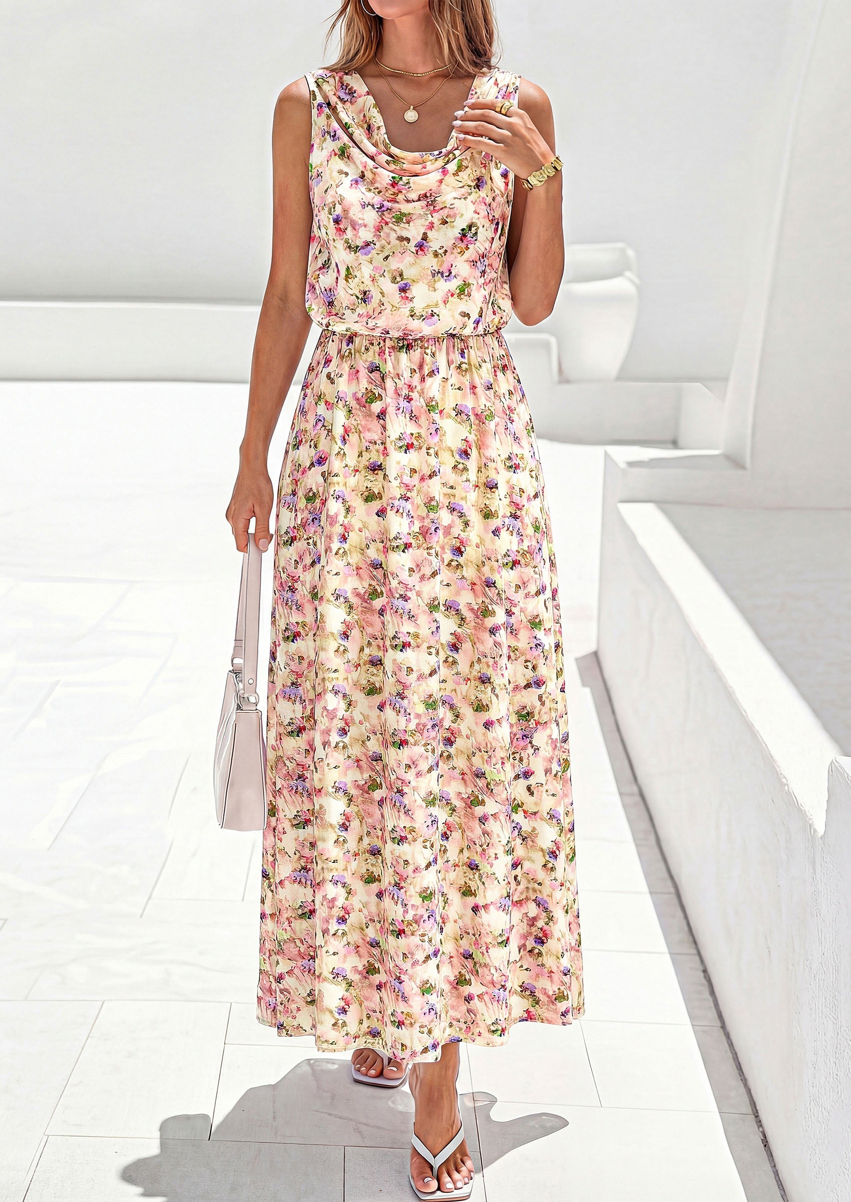PRETTYGARDEN Womens Summer Floral Maxi Dresses Spring Sleeveless Cowl Neck Flowy Beach Vacation Wedding Guest Long Dress