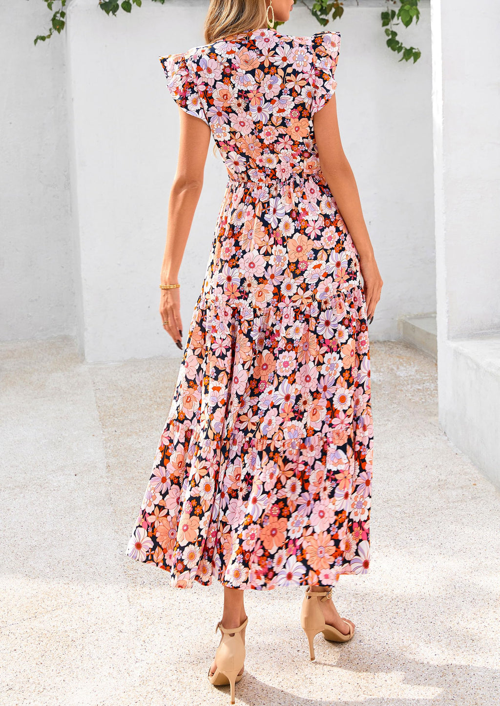 PRETTYGARDEN Women's Summer Floral Midi Dress Cap Sleeve V Neck Ruffle Long Flowy Boho Casual Beach Vacation Dresses
