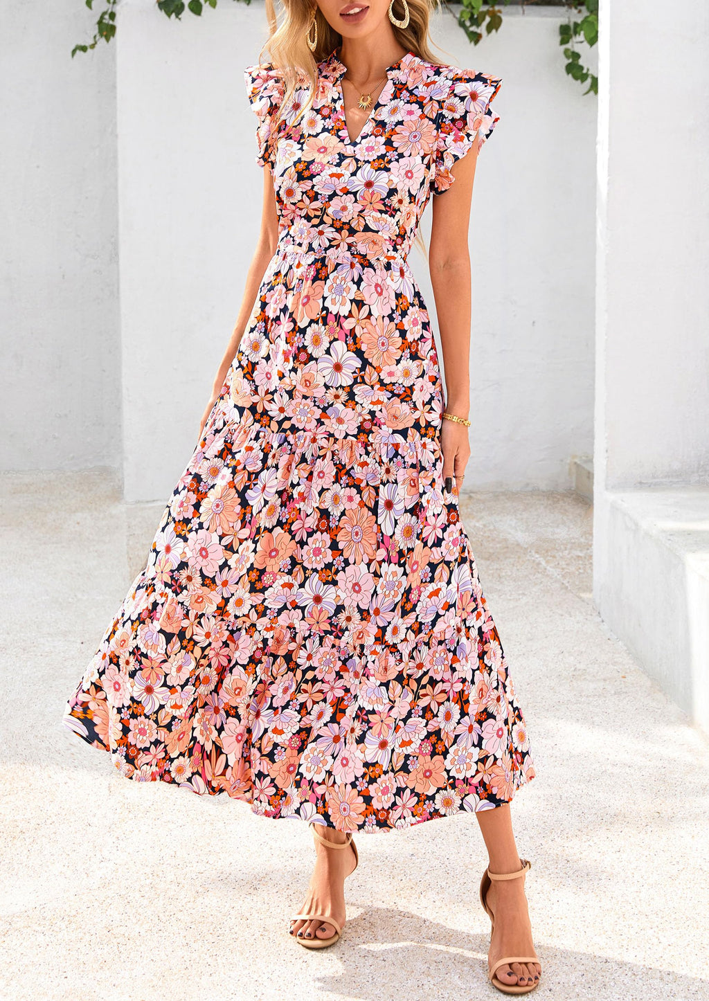 PRETTYGARDEN Women's Summer Floral Midi Dress Cap Sleeve V Neck Ruffle Long Flowy Boho Casual Beach Vacation Dresses