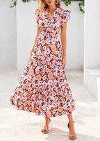 PRETTYGARDEN Women's Summer Floral Midi Dress Cap Sleeve V Neck Ruffle Long Flowy Boho Casual Beach Vacation Dresses