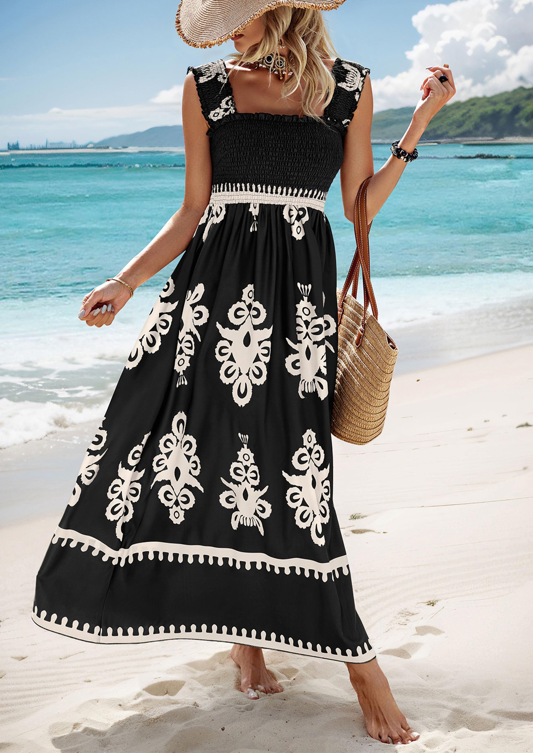 PRETTYGARDEN Womens Summer Boho Maxi Dress Casual Sleeveless Square Neck Floral Aline Smocked Beach Dresses with Pockets