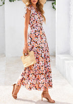 PRETTYGARDEN Women's Summer Floral Midi Dress Cap Sleeve V Neck Ruffle Long Flowy Boho Casual Beach Vacation Dresses