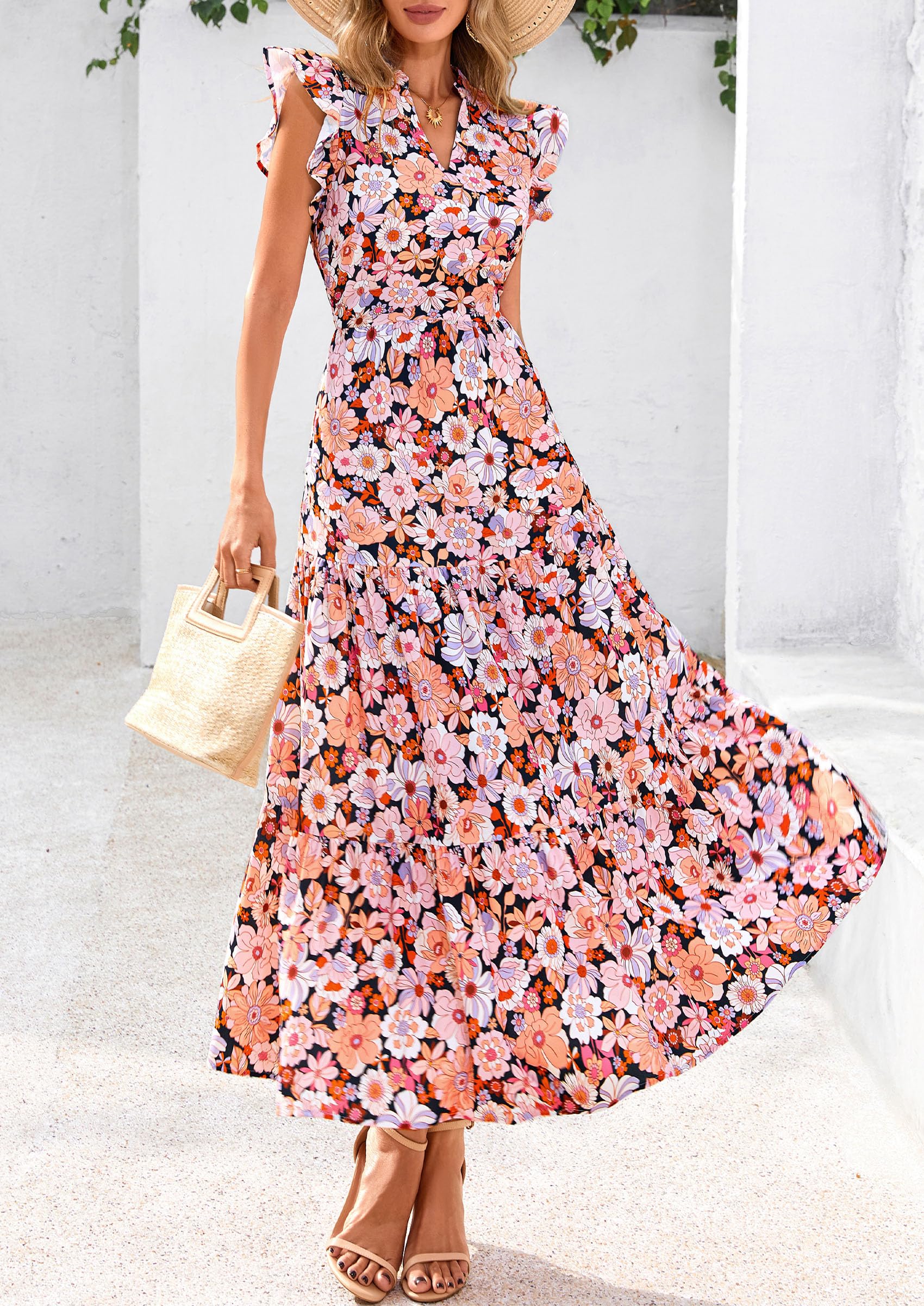 PRETTYGARDEN Women's Summer Floral Midi Dress Cap Sleeve V Neck Ruffle Long Flowy Boho Casual Beach Vacation Dresses
