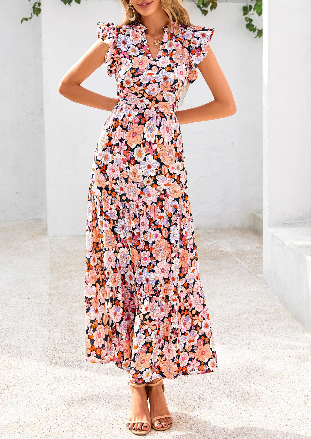 PRETTYGARDEN Women's Summer Floral Midi Dress Cap Sleeve V Neck Ruffle Long Flowy Boho Casual Beach Vacation Dresses