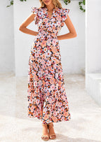 PRETTYGARDEN Women's Summer Floral Midi Dress Cap Sleeve V Neck Ruffle Long Flowy Boho Casual Beach Vacation Dresses