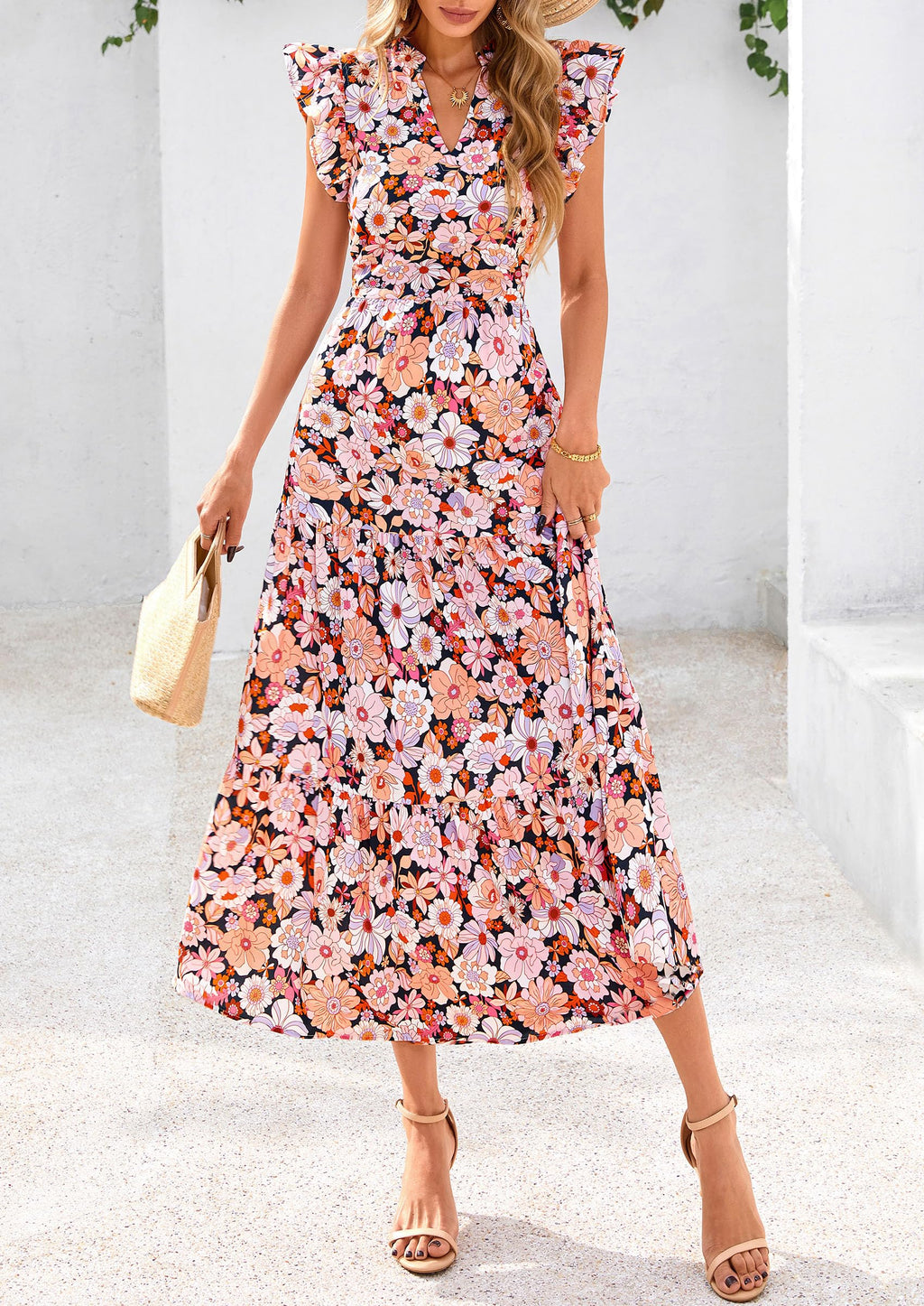 PRETTYGARDEN Women's Summer Floral Midi Dress Cap Sleeve V Neck Ruffle Long Flowy Boho Casual Beach Vacation Dresses