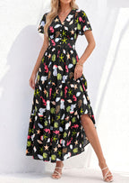 PRETTYGARDEN Women Summer Maxi Dresses Short Sleeve V Neck Button Floral Tiered Flowy Boho Sundress Beach Outfits