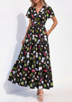 PRETTYGARDEN Women Summer Maxi Dresses Short Sleeve V Neck Button Floral Tiered Flowy Boho Sundress Beach Outfits