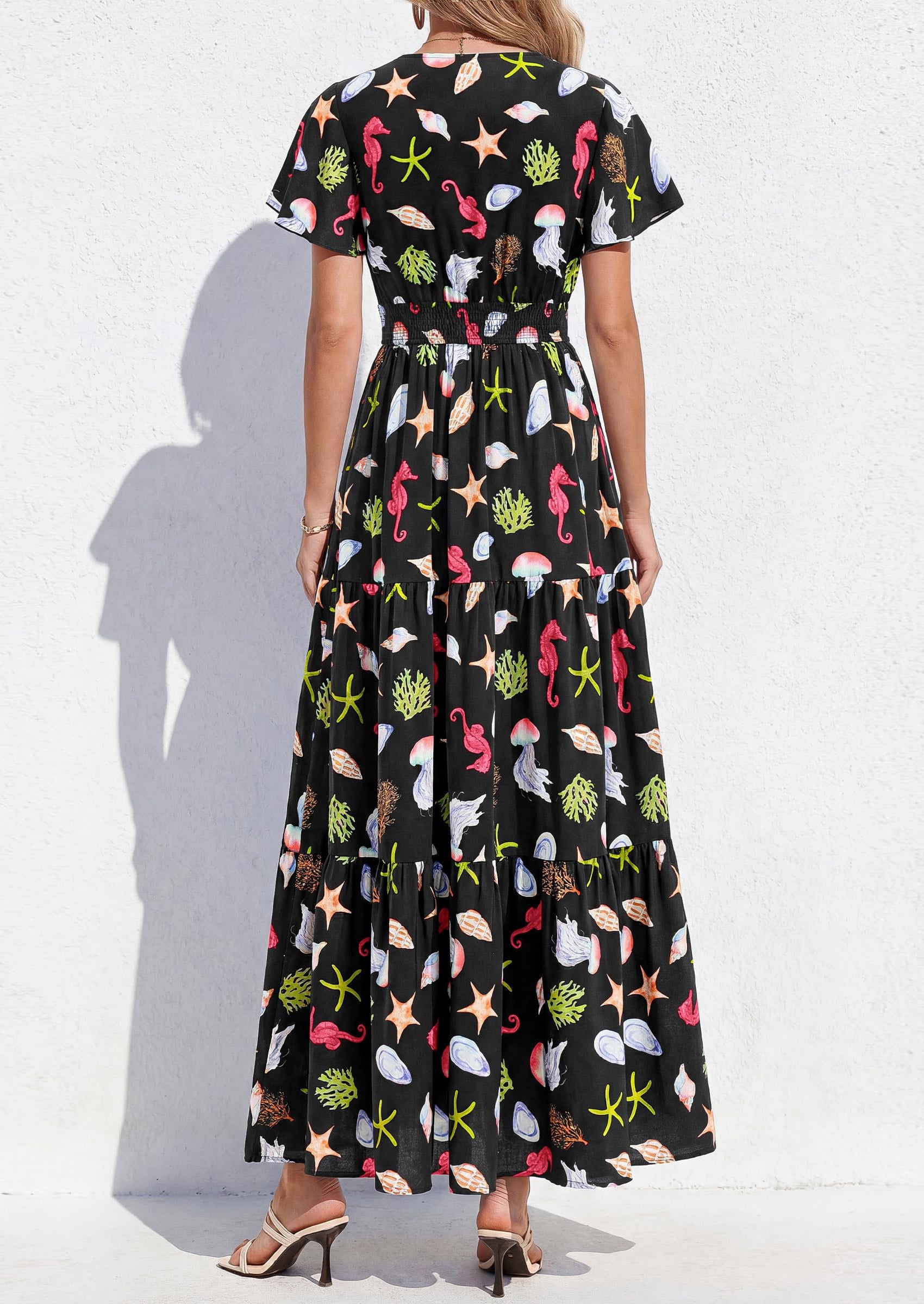 PRETTYGARDEN Women Summer Maxi Dresses Short Sleeve V Neck Button Floral Tiered Flowy Boho Sundress Beach Outfits