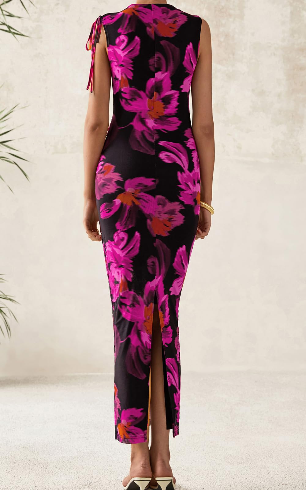 PRETTYGARDEN Women's Summer Maxi Floral Dresses Ruched Bodycon Sleeveless Mesh Formal Wedding Guest Cocktail Split Long Dress
