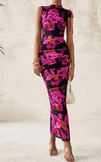 PRETTYGARDEN Women's Summer Maxi Floral Dresses Ruched Bodycon Sleeveless Mesh Formal Wedding Guest Cocktail Split Long Dress