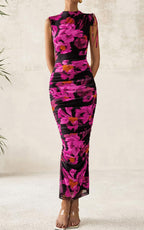 PRETTYGARDEN Women's Summer Maxi Floral Dresses Ruched Bodycon Sleeveless Mesh Formal Wedding Guest Cocktail Split Long Dress