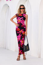 PRETTYGARDEN Women Summer One Shoulder Sleeveless Floral Maxi Dress Bodycon Ruched Mesh Formal Cocktail Wedding Guest Dresses