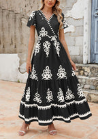 PRETTYGARDEN Womens Casual V Neck Boho Maxi Dress Flowy Aline Bell Sleeve Tiered Floral Dresses with Pocket