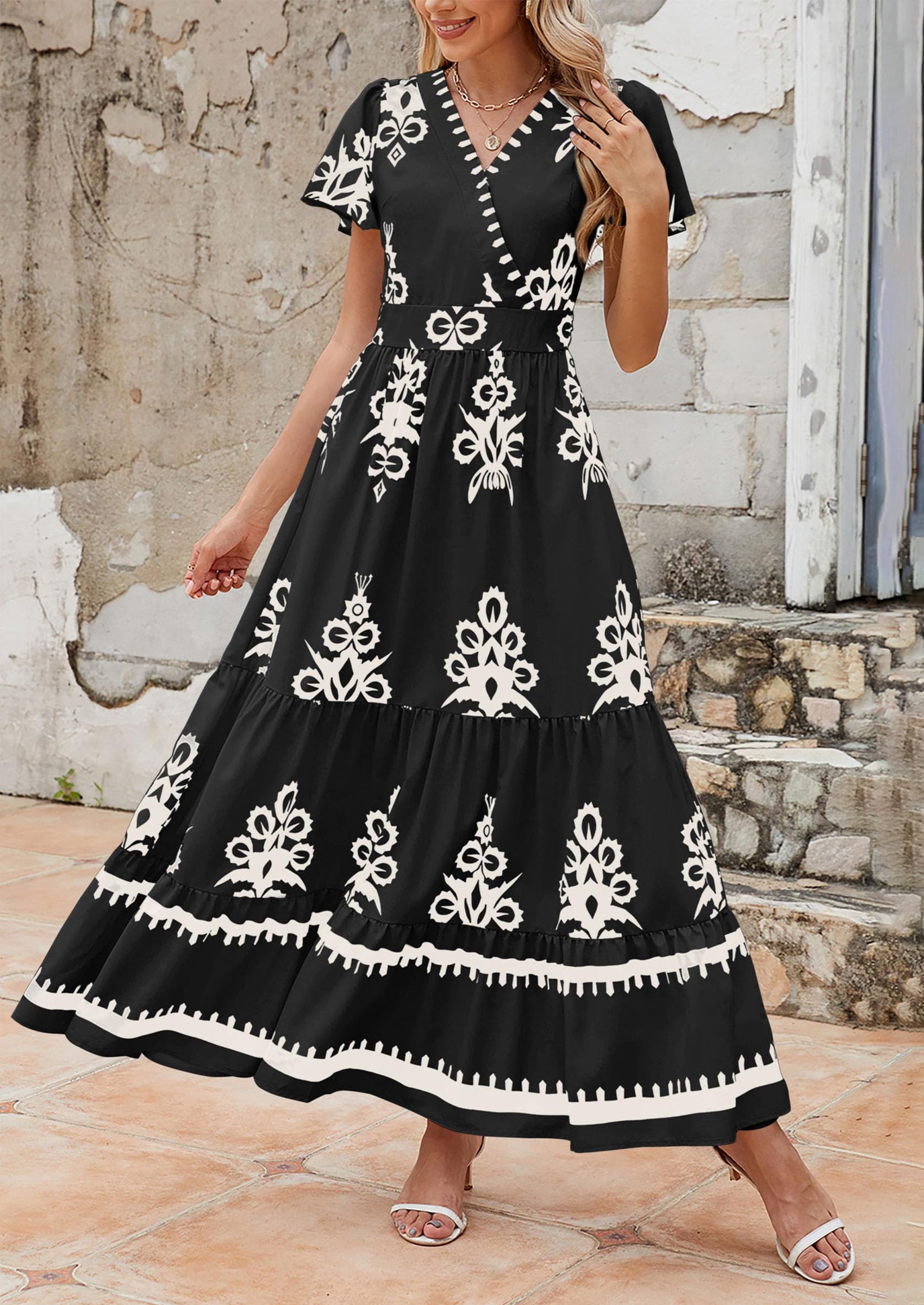 PRETTYGARDEN Womens Casual V Neck Boho Maxi Dress Flowy Aline Bell Sleeve Tiered Floral Dresses with Pocket