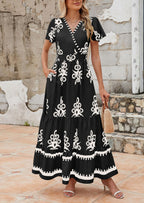 PRETTYGARDEN Womens Casual V Neck Boho Maxi Dress Flowy Aline Bell Sleeve Tiered Floral Dresses with Pocket