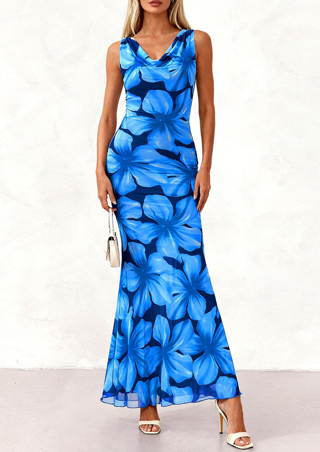 PRETTYGARDEN Women's Summer Cowl Neck Floral Maxi Dress Sleeveless Bodycon Beach Vacation Long Party Wedding Guest Dresses