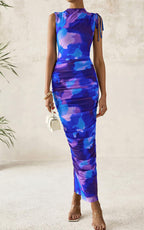 PRETTYGARDEN Women's Summer Maxi Floral Dresses Ruched Bodycon Sleeveless Mesh Formal Wedding Guest Cocktail Split Long Dress