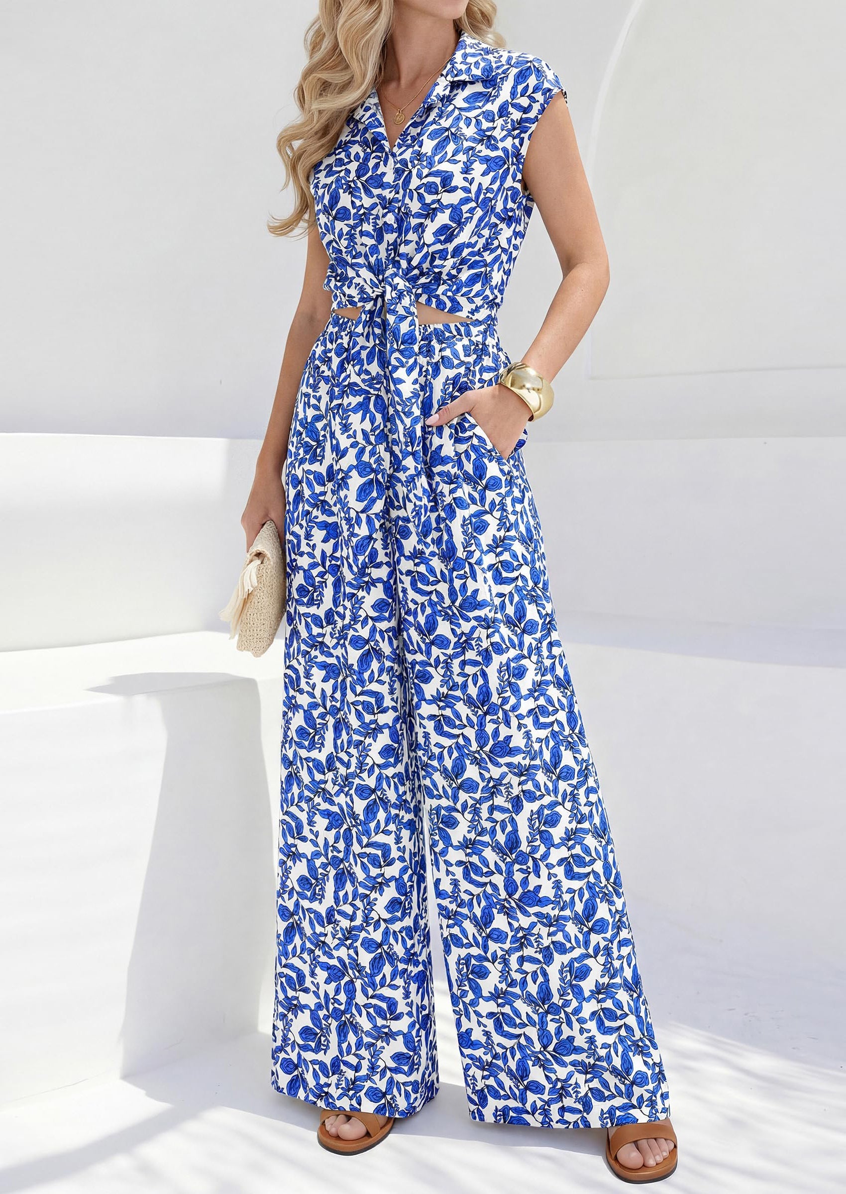 PRETTYGARDEN 2 Piece Sets For Women Summer Striped Button Down Tie Front Crop Tops Wide Leg Pants Floral Lounge Set