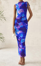 PRETTYGARDEN Women's Summer Maxi Floral Dresses Ruched Bodycon Sleeveless Mesh Formal Wedding Guest Cocktail Split Long Dress
