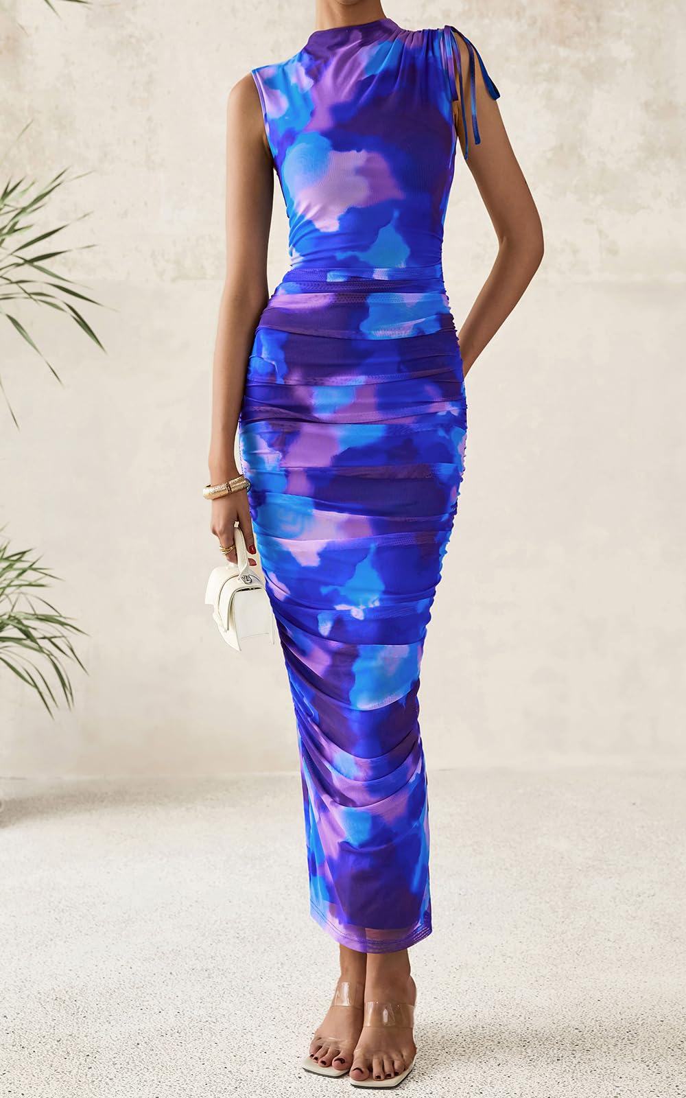 PRETTYGARDEN Women's Summer Maxi Floral Dresses Ruched Bodycon Sleeveless Mesh Formal Wedding Guest Cocktail Split Long Dress