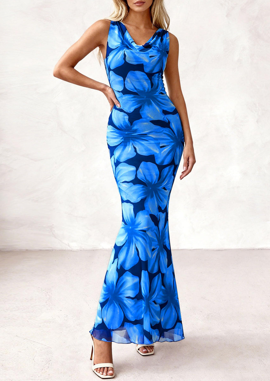 PRETTYGARDEN Women's Summer Cowl Neck Floral Maxi Dress Sleeveless Bodycon Beach Vacation Long Party Wedding Guest Dresses