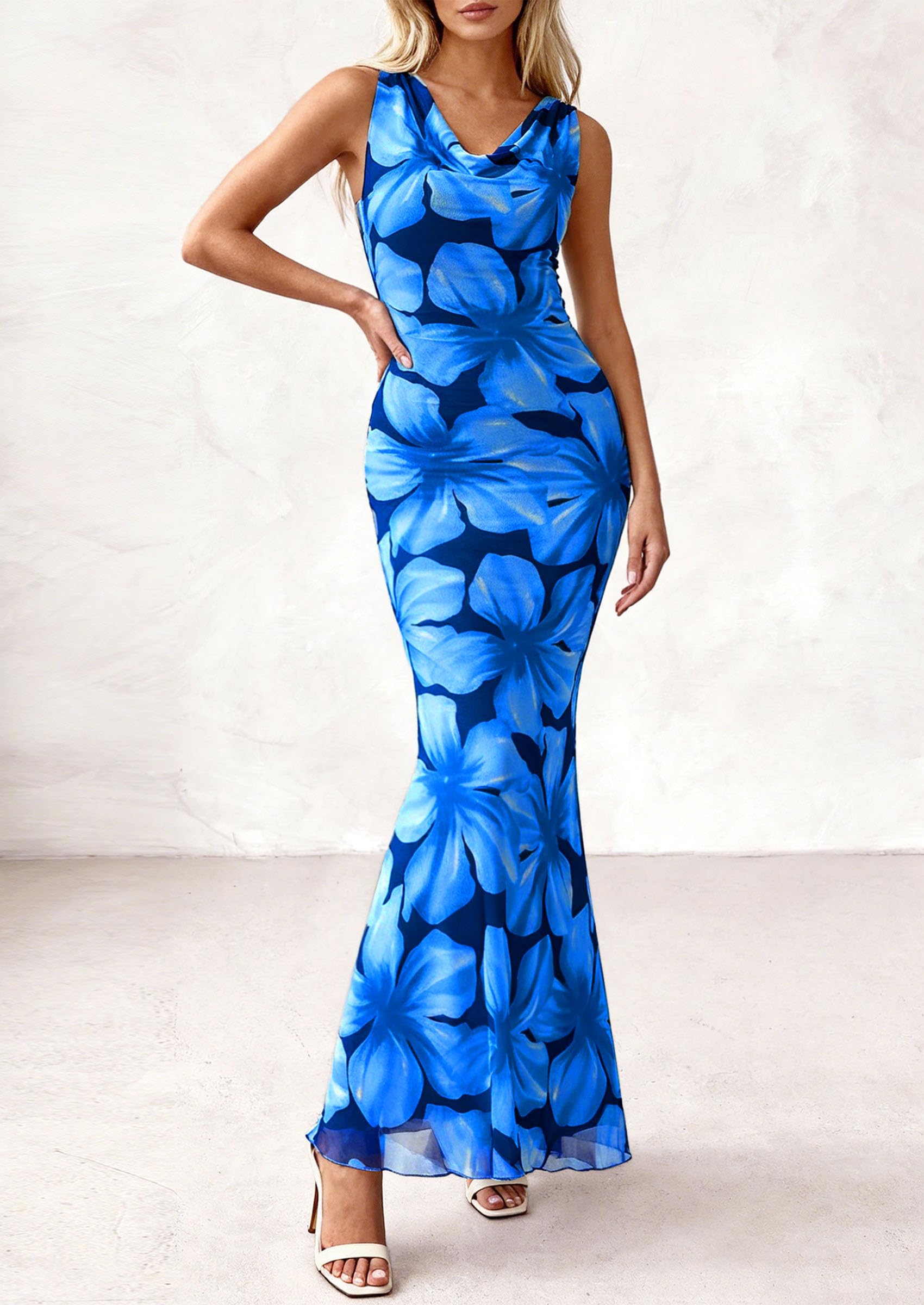 PRETTYGARDEN Women's Summer Cowl Neck Floral Maxi Dress Sleeveless Bodycon Beach Vacation Long Party Wedding Guest Dresses