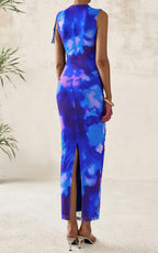PRETTYGARDEN Women's Summer Maxi Floral Dresses Ruched Bodycon Sleeveless Mesh Formal Wedding Guest Cocktail Split Long Dress