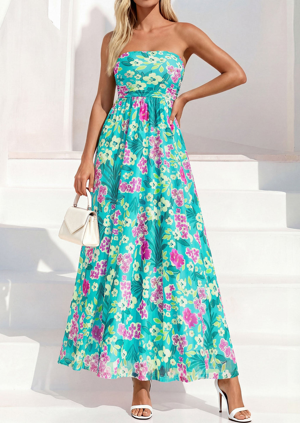 PRETTYGARDEN Womens Boho Maxi Dress Summer Floral Tube Strapless Spring Wedding Guest Cocktail Long Dresses