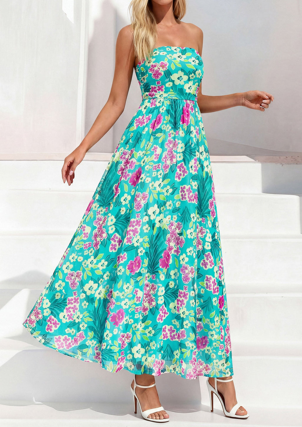 PRETTYGARDEN Womens Boho Maxi Dress Summer Floral Tube Strapless Spring Wedding Guest Cocktail Long Dresses