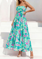 PRETTYGARDEN Womens Boho Maxi Dress Summer Floral Tube Strapless Spring Wedding Guest Cocktail Long Dresses