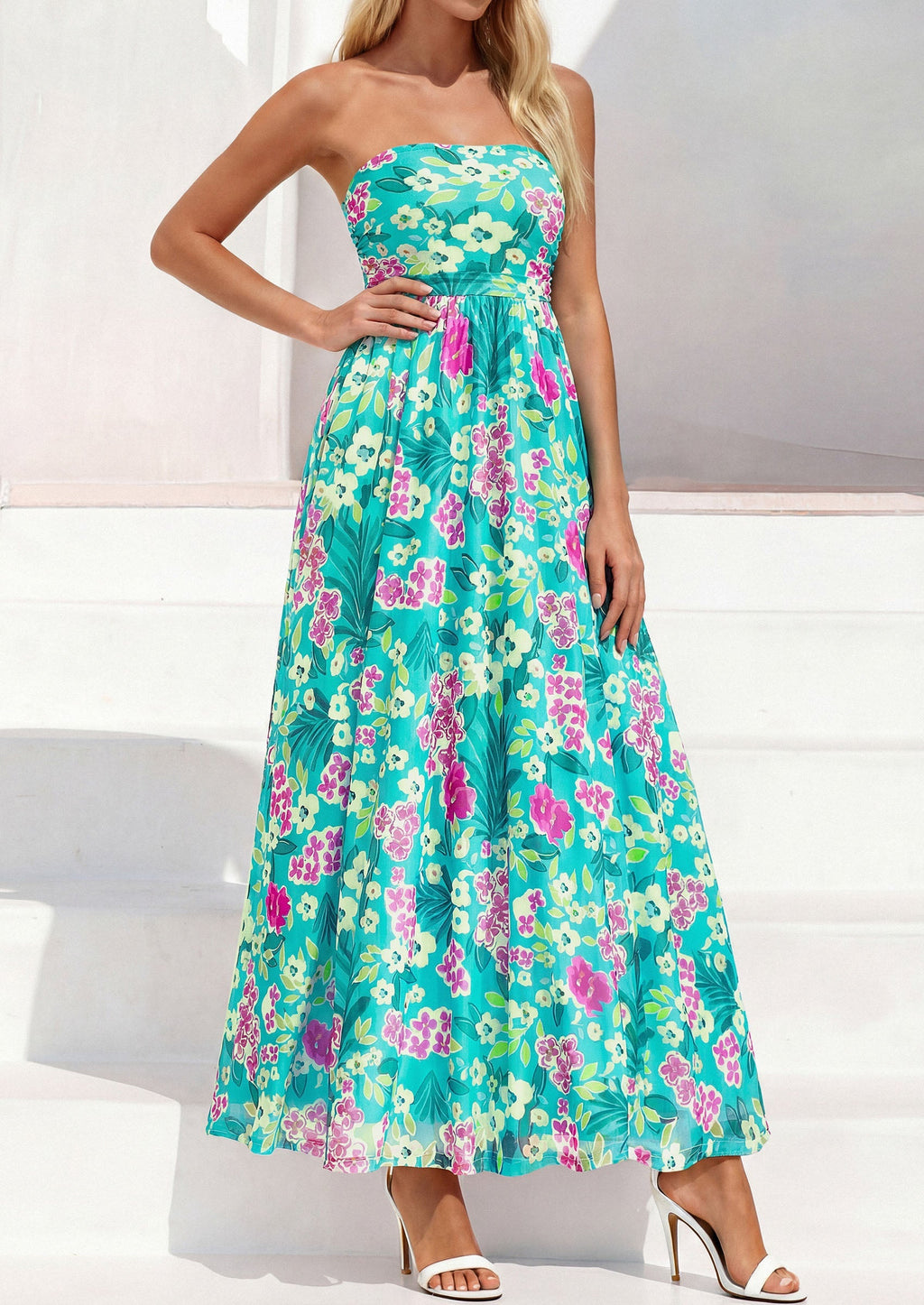 PRETTYGARDEN Womens Boho Maxi Dress Summer Floral Tube Strapless Spring Wedding Guest Cocktail Long Dresses