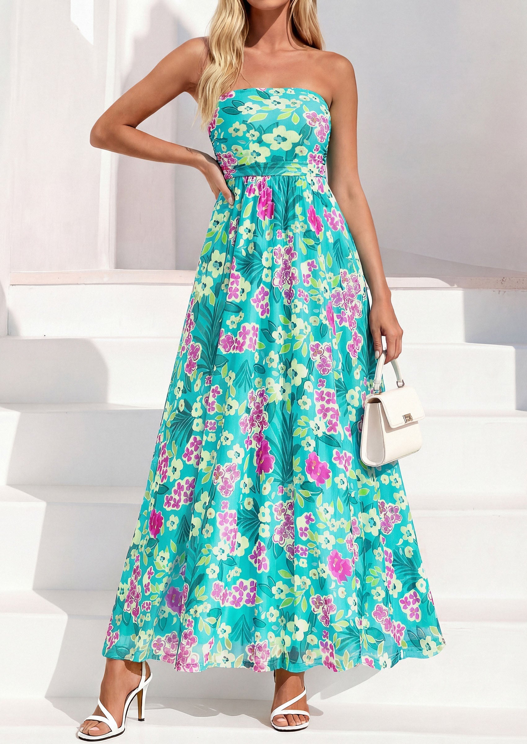 PRETTYGARDEN Womens Boho Maxi Dress Summer Floral Tube Strapless Spring Wedding Guest Cocktail Long Dresses