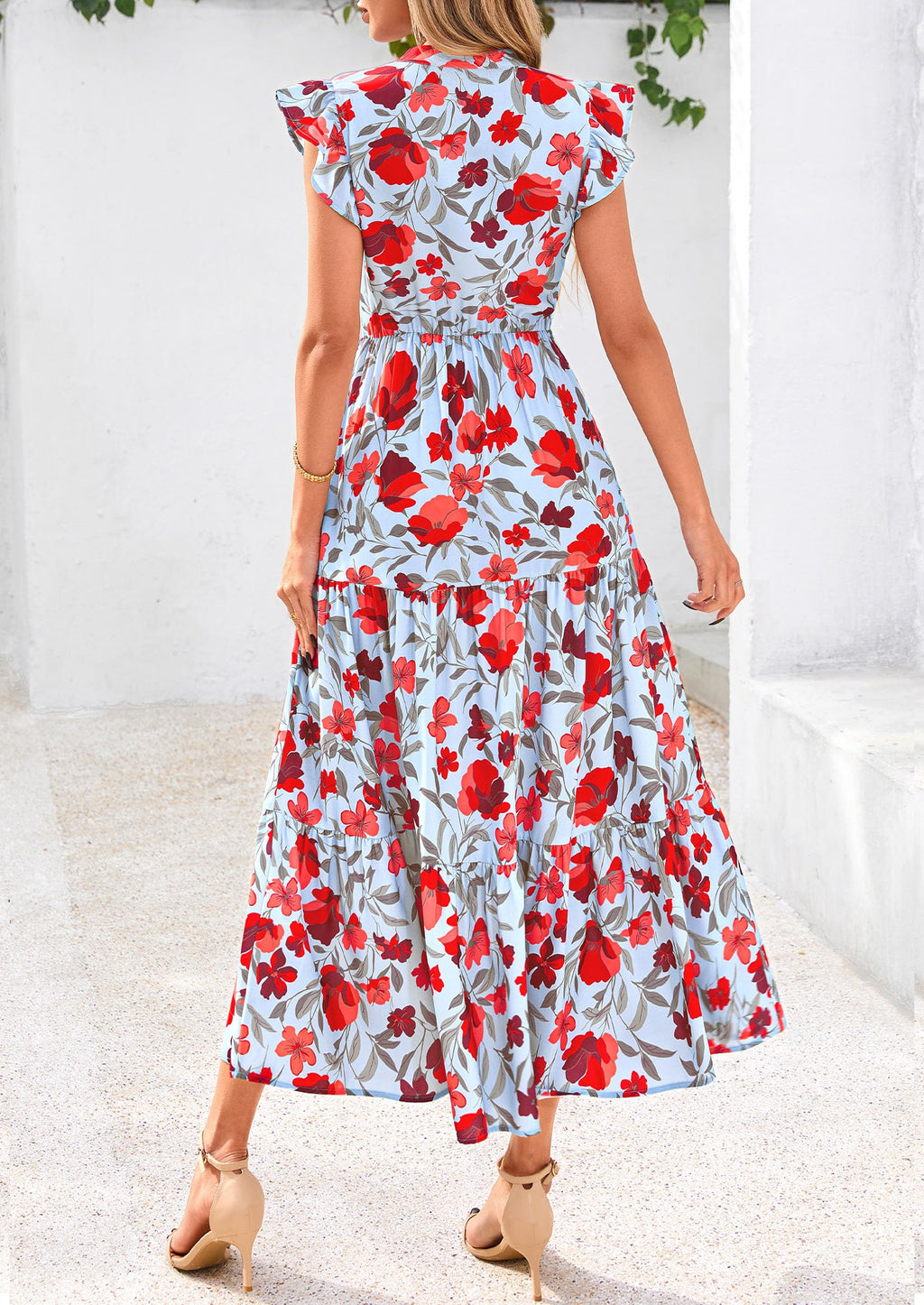 PRETTYGARDEN Women's Summer Floral Midi Dress Cap Sleeve V Neck Ruffle Long Flowy Boho Casual Beach Vacation Dresses