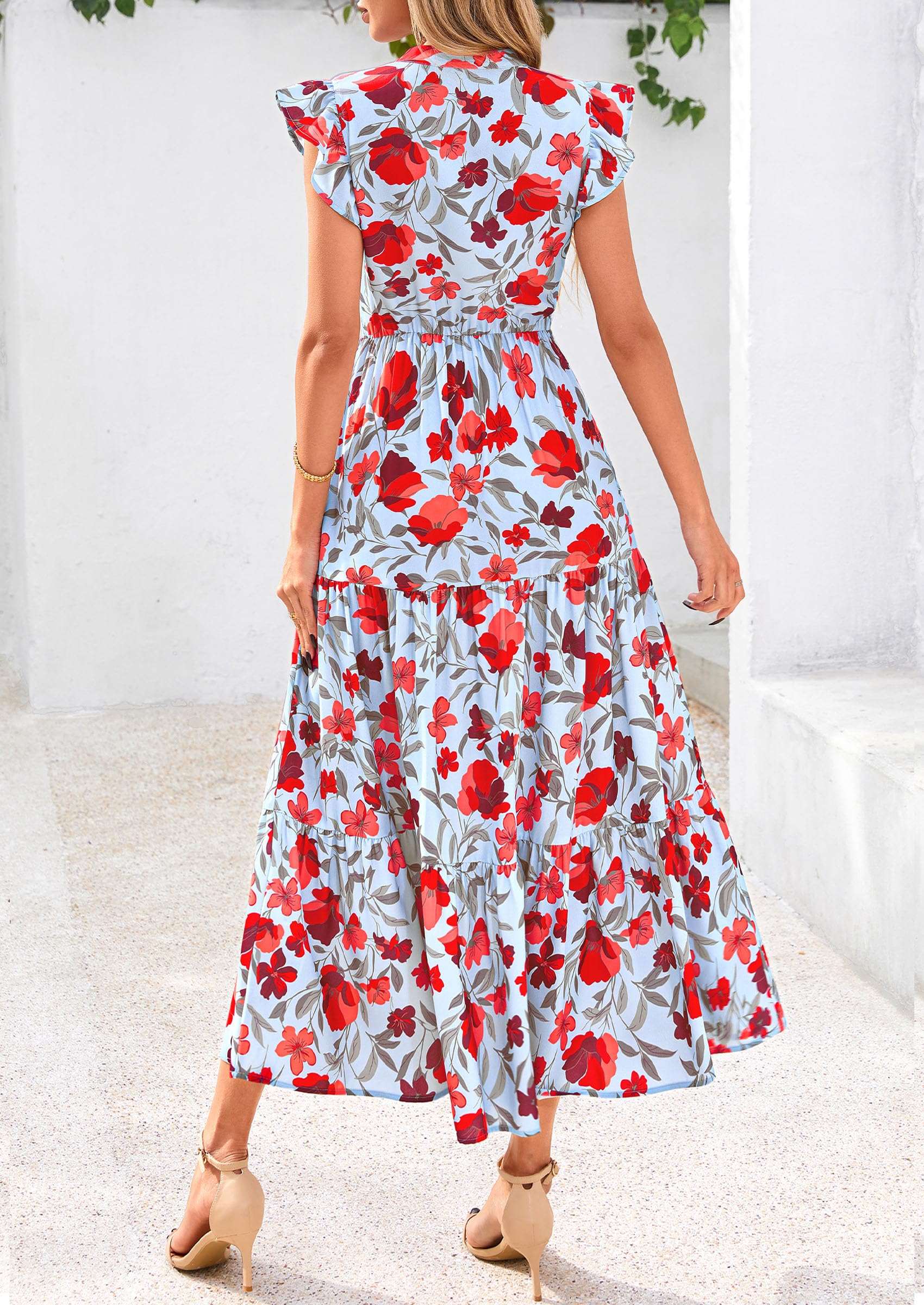 PRETTYGARDEN Women's Summer Floral Midi Dress Cap Sleeve V Neck Ruffle Long Flowy Boho Casual Beach Vacation Dresses