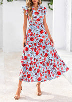 PRETTYGARDEN Women's Summer Floral Midi Dress Cap Sleeve V Neck Ruffle Long Flowy Boho Casual Beach Vacation Dresses