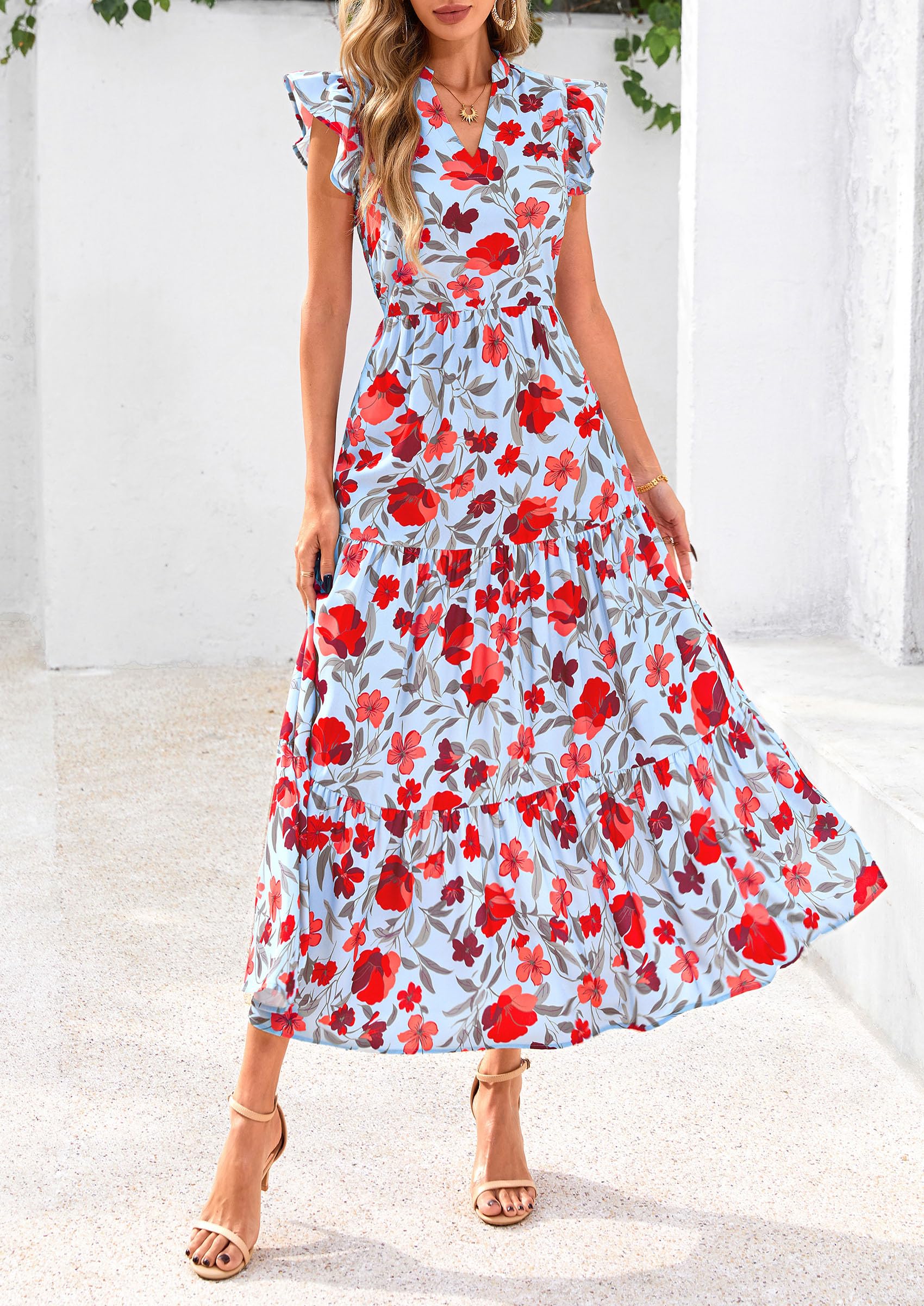 PRETTYGARDEN Women's Summer Floral Midi Dress Cap Sleeve V Neck Ruffle Long Flowy Boho Casual Beach Vacation Dresses