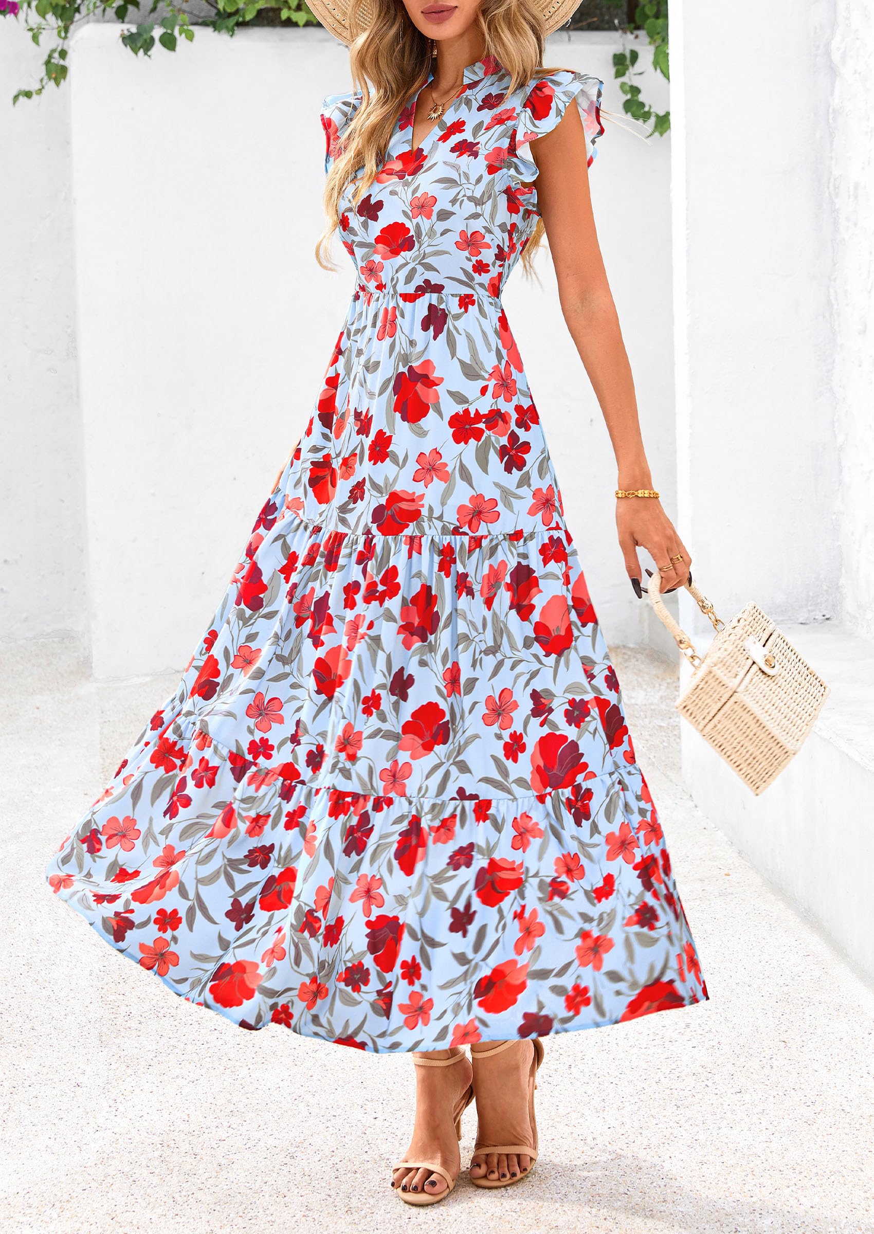 PRETTYGARDEN Women's Summer Floral Midi Dress Cap Sleeve V Neck Ruffle Long Flowy Boho Casual Beach Vacation Dresses