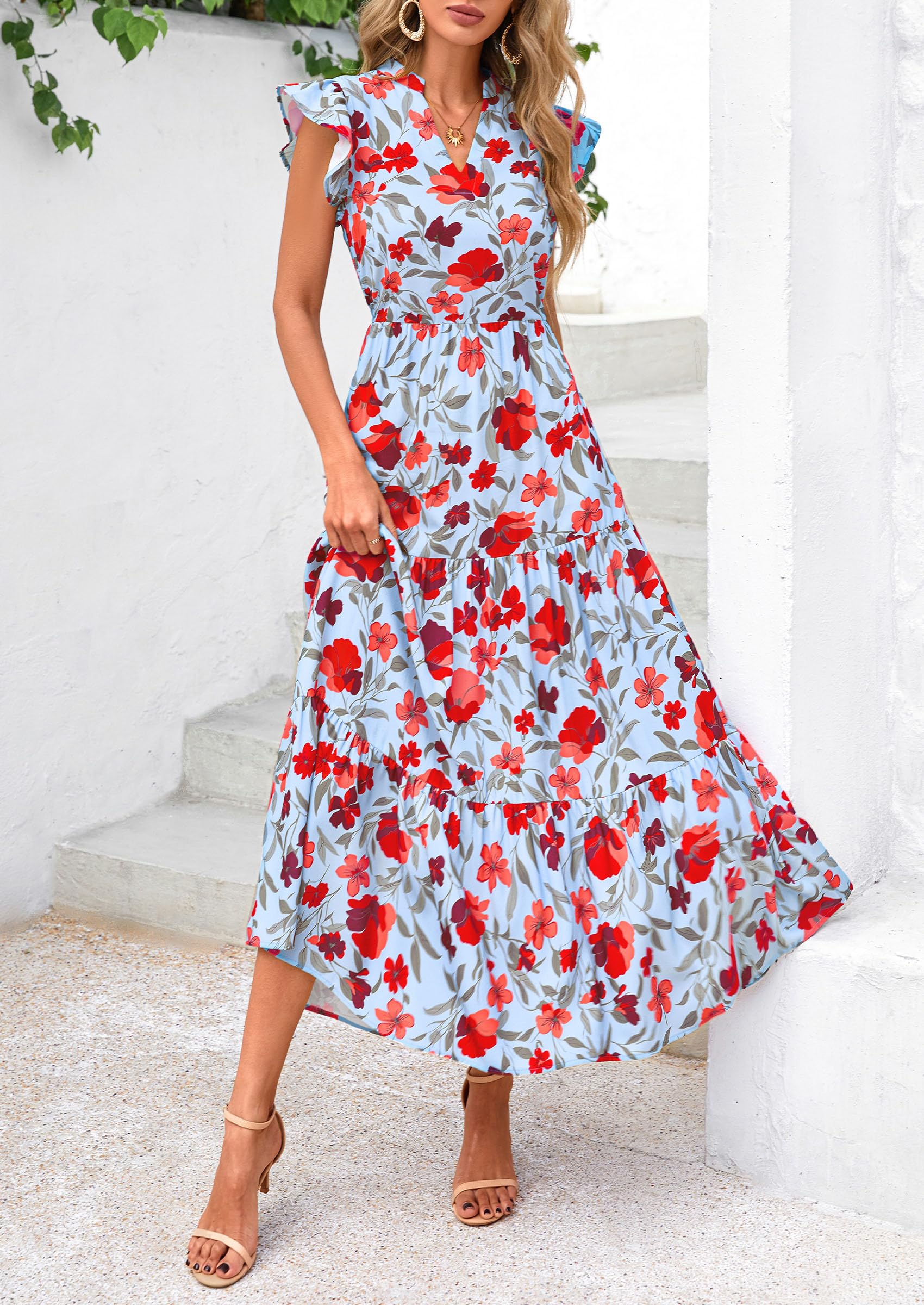 PRETTYGARDEN Women's Summer Floral Midi Dress Cap Sleeve V Neck Ruffle Long Flowy Boho Casual Beach Vacation Dresses