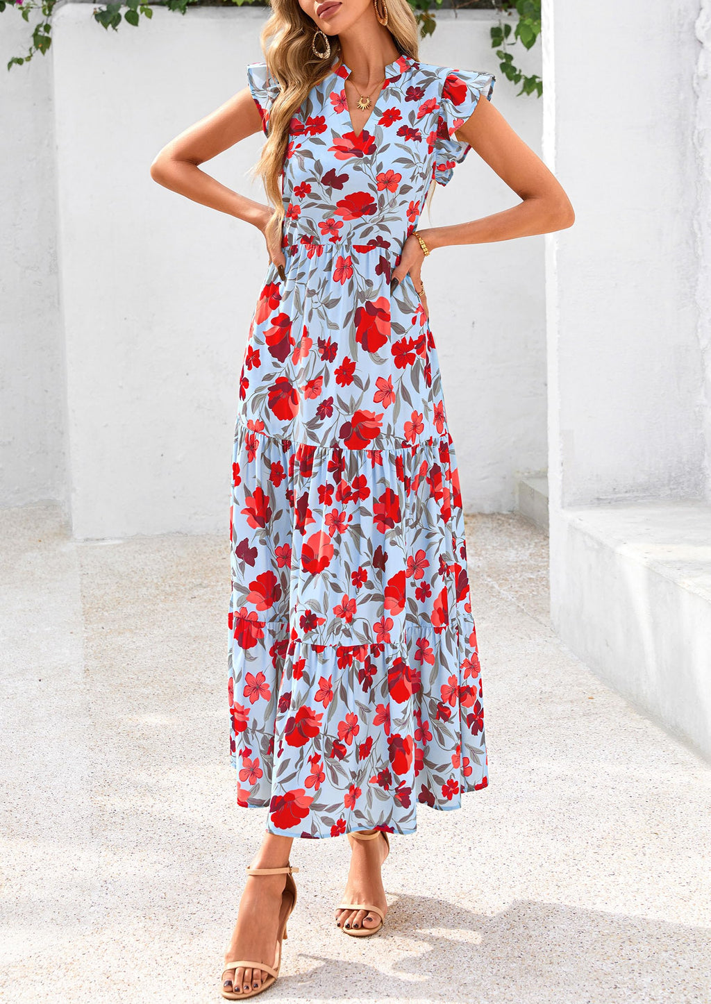 PRETTYGARDEN Women's Summer Floral Midi Dress Cap Sleeve V Neck Ruffle Long Flowy Boho Casual Beach Vacation Dresses
