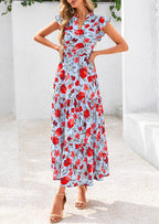 PRETTYGARDEN Women's Summer Floral Midi Dress Cap Sleeve V Neck Ruffle Long Flowy Boho Casual Beach Vacation Dresses