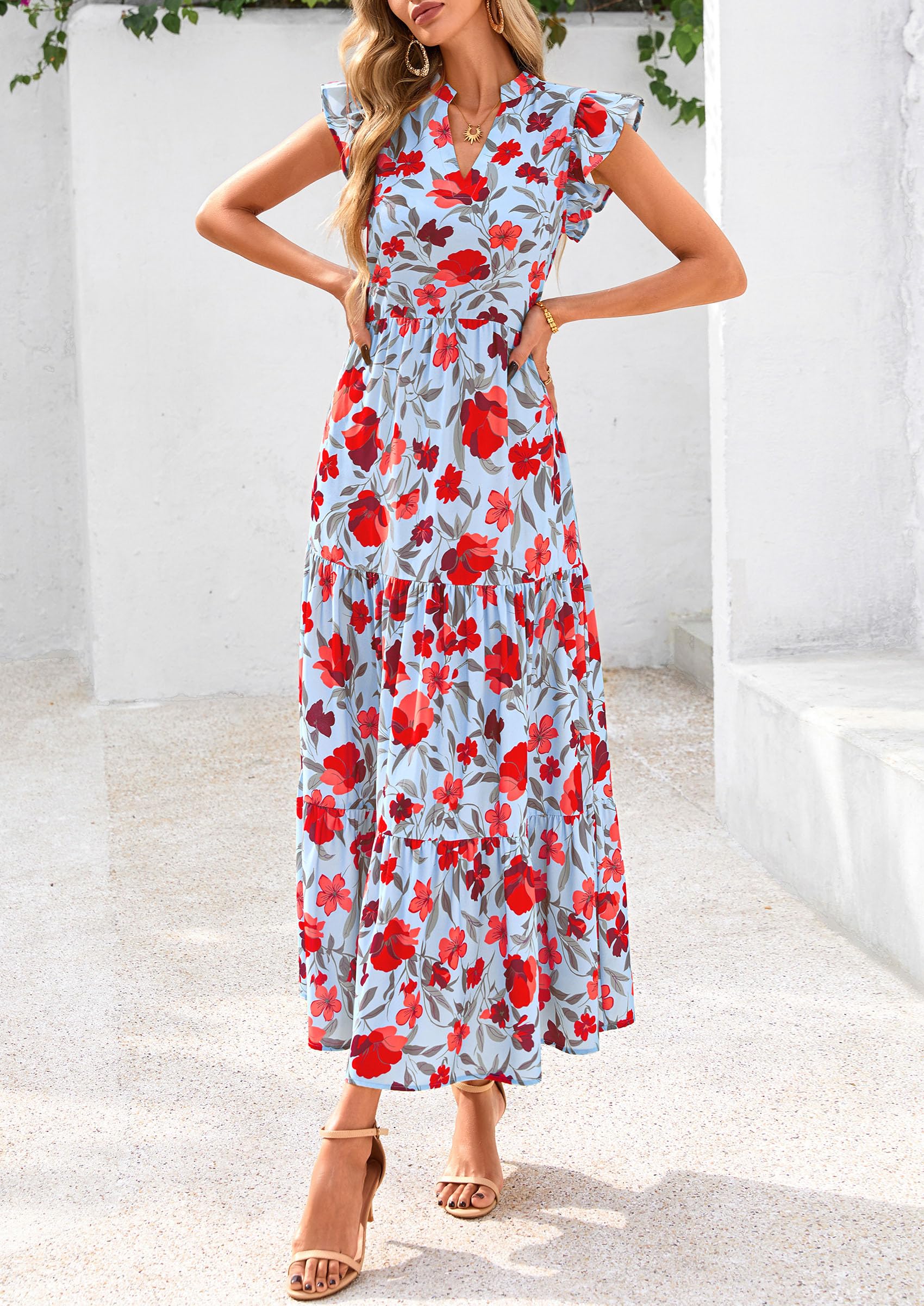 PRETTYGARDEN Women's Summer Floral Midi Dress Cap Sleeve V Neck Ruffle Long Flowy Boho Casual Beach Vacation Dresses