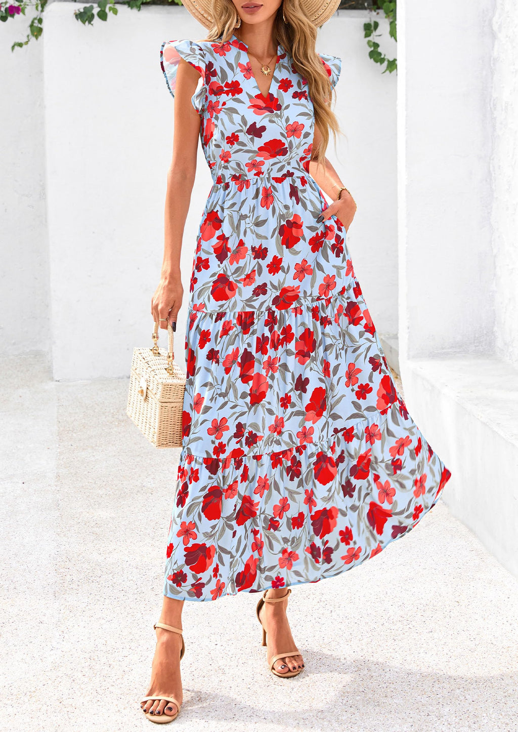 PRETTYGARDEN Women's Summer Floral Midi Dress Cap Sleeve V Neck Ruffle Long Flowy Boho Casual Beach Vacation Dresses