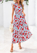 PRETTYGARDEN Women's Summer Floral Midi Dress Cap Sleeve V Neck Ruffle Long Flowy Boho Casual Beach Vacation Dresses