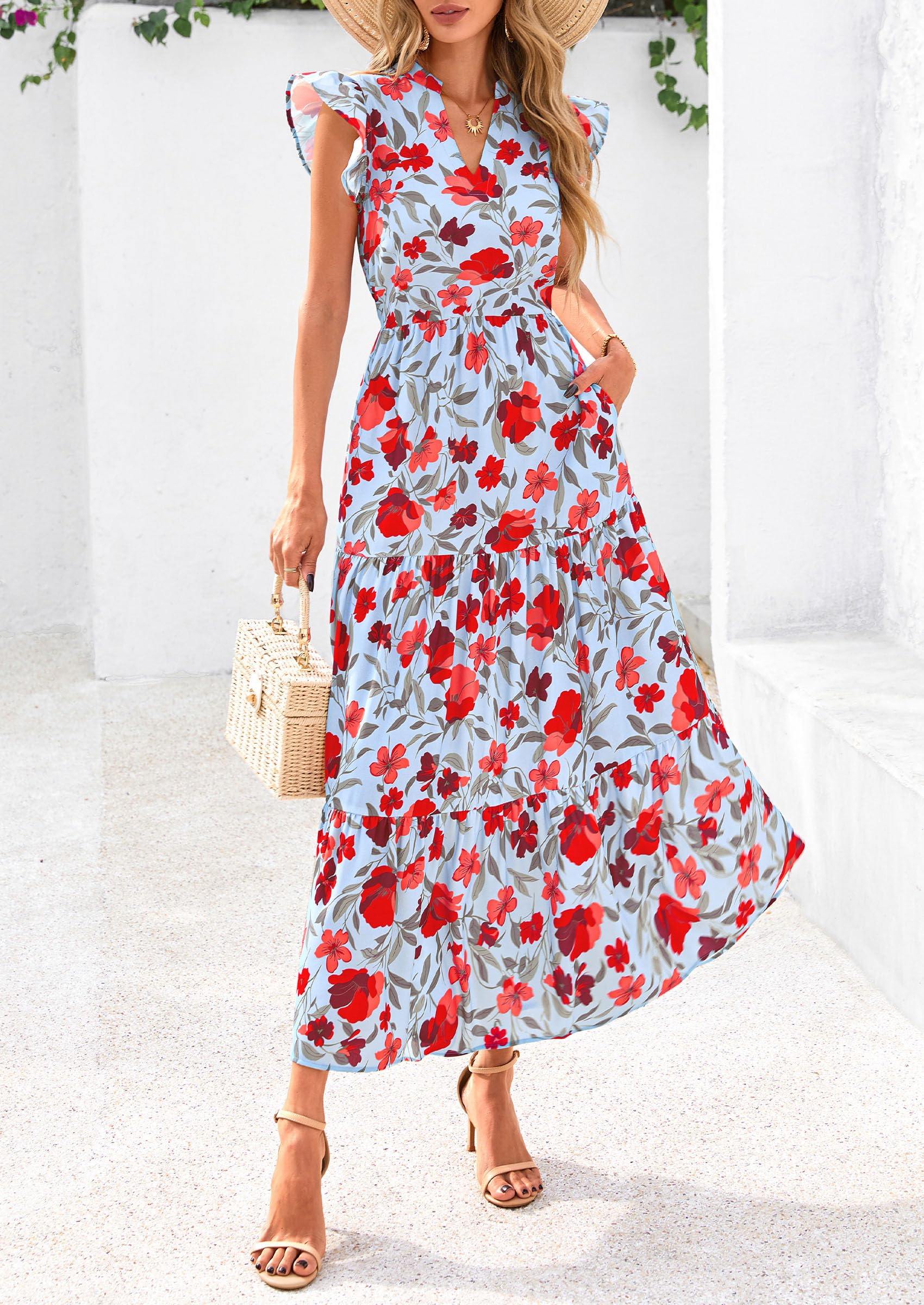 PRETTYGARDEN Women's Summer Floral Midi Dress Cap Sleeve V Neck Ruffle Long Flowy Boho Casual Beach Vacation Dresses