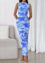 PRETTYGARDEN Women's Summer Maxi Floral Dresses Ruched Bodycon Sleeveless Mesh Formal Wedding Guest Cocktail Split Long Dress