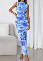 PRETTYGARDEN Women's Summer Maxi Floral Dresses Ruched Bodycon Sleeveless Mesh Formal Wedding Guest Cocktail Split Long Dress
