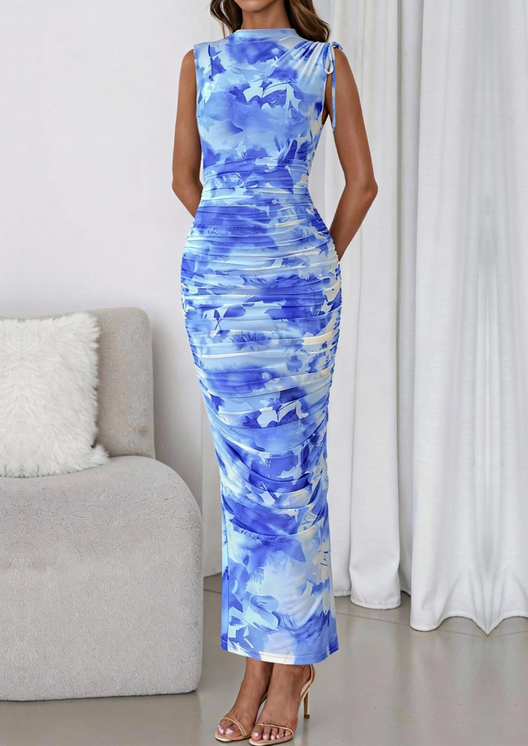 PRETTYGARDEN Women's Summer Maxi Floral Dresses Ruched Bodycon Sleeveless Mesh Formal Wedding Guest Cocktail Split Long Dress