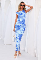 PRETTYGARDEN Women Summer One Shoulder Sleeveless Floral Maxi Dress Bodycon Ruched Mesh Formal Cocktail Wedding Guest Dresses